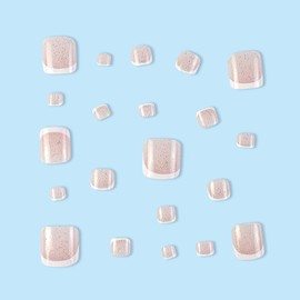 White French Press on Toenails Short Square Fake Toenails Glitter Glue on Nails Shiny Nude Acrylic Toe Nails Full Cover Glossy Summer Beach False Toenails Classic Artificial Toenails for Women 24Pcs