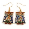 Multicoloured Enamel Owl Drop Earrings In Gold Tone Metal -