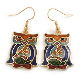 Multicoloured Enamel Owl Drop Earrings In Gold Tone Metal - 45mm Long