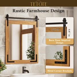 TETOTE Farmhouse Barn Door Wood Mirror for Bathroom Wall 40” x 26” Waterproof Natural Solid Wooden Framed Rectangle Vanity Mirror Wall Mounted, Fully Assembled