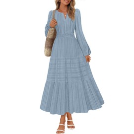 MEROKEETY Women's 2025 Fall Puff Long Sleeve Maxi Dress Casual V Neck Elastic Waist Tiered Boho Cotton Dresses with Pockets, Dustyblue, Medium