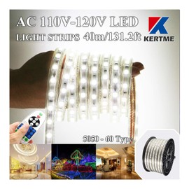 KERTME 5050-60 Type AC 110-120V White LED Strip Lights, Flexible/Waterproof/Dimmable/Multi-Modes LED Rope Light + 23 Keys Remote for Home/Garden/Building Decoration (131.2ft/40m, White 6000K)