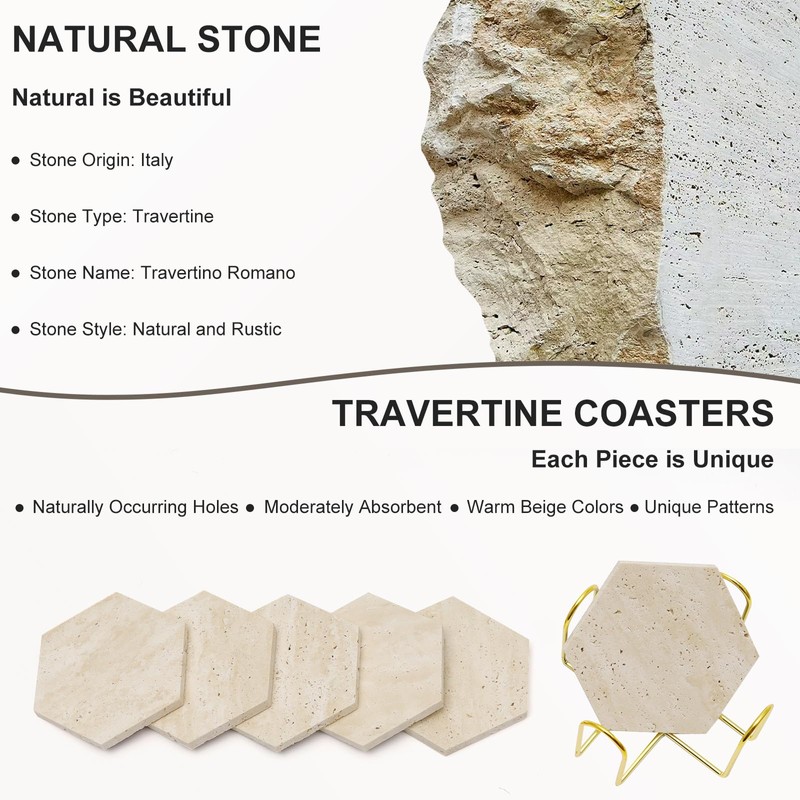 YONGHEE Travertine Coasters Set of 6 with Holder, Hexagonal Rustic