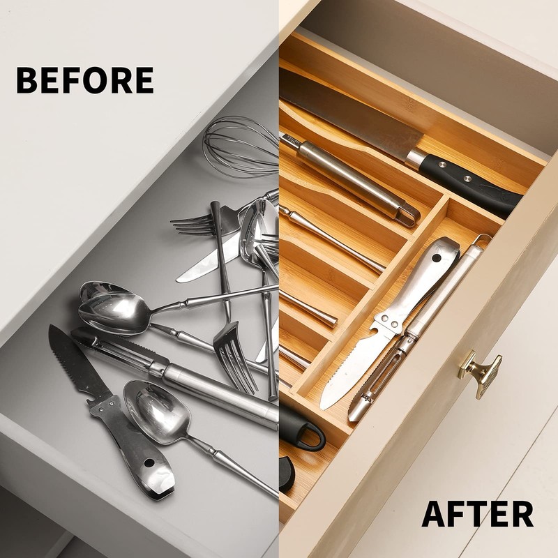 oridom Expandable Bamboo Kitchen Drawer Organizer for Cutlery and Utensils,