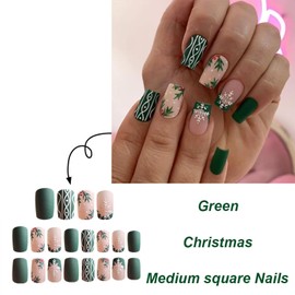 Vopintpy White Snowflake Green French Tip Fake Nails Matte Christmas Press on Nails Medium Square Acrylic Glue on Nails Reusable Full Cover Stick on Nails for Women DIY Winter Xmas Manicure