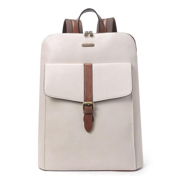CLUCI Leather Laptop Backpack for Women 15.6 inch Computer Backpack Stylish Travel Backpack Purse for Women Work Daypack Bag Off-white with brown