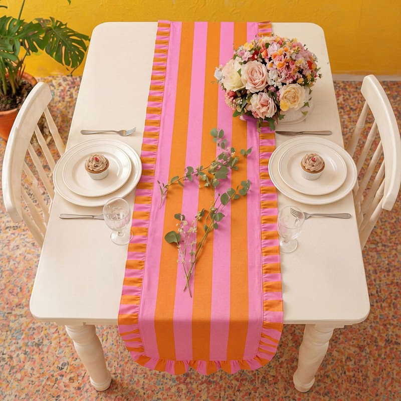 HunnmingRe Ruffle Edge Striped Table Runner 118 x 15.7 Inch