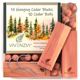 Vivenzia Cedar Blocks for Closet -25 pcs (15 Hang-ups & 10 Balls)- Aromatic Cedar for Closets, Natural Closet Smell Eliminator, Natural Closet Deodorizer, Drawer Fresheners for Dresser.