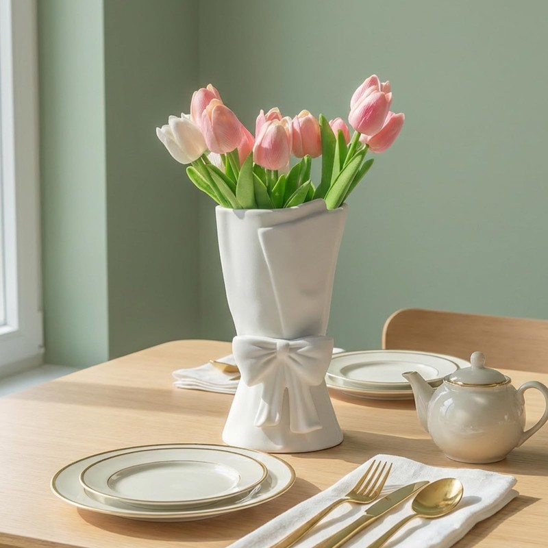 Relexome White Ceramic Bow Vase Unique Cute Decorative Bouquet Flower