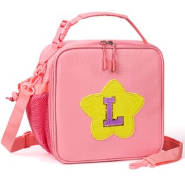 WOBAGMEN Initial Lunch Box for Women Kids Girls,Cute Pink Insulated Lunch Bag with Chenille Letter, Reusable Square Bento Lunch Box for School Office Picnic,Kids Lunch Bag for Teen Girls(Pink, L)