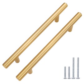 DecoBasics (10 Pack Solid Stainless Steel -Hole Centers 5"(128mm)-Brass Polished- Euro Bar Pull Handle for Kitchen Bath Cabinet Door and Drawer