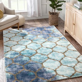 Moroccan Trellis Area Rug, 3x5 Entryway Rug Washable Vintage Living Room Area Rug Non-Slip Throw Rug for Kitchen Bedside Office Distressed Oriental Faux Wool Low Pile Carpet (3'X 5', Teal Blue)