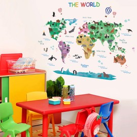 ANHUIB Wall Sticker World Map Children Large Wall Sticker Animal World Map Wall Sticker for Baby Toddler Room Wall Sticker Wall Decoration for Living Room Bedroom Children's Room