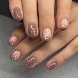 24Pcs Christmas Press on Nails Short Square Snowflake Fake Nails with Glitter Designs Glossy Christmas Acrylic Nails Artificial Winter Full Cover Glue on Nails for Women Girls Merry Christmas Nail DIY