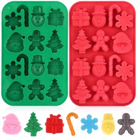 2 Pack Christmas Chocolate Candy Molds, 3D Silicone Snowflake Xmas Tree Cane Snowman Gift Box Mold, Candy Gummy Molds for DIY Gummies Jello Ice Cube Jelly Chocolate Candy Cakes Decorations (Xmas 2PCS)