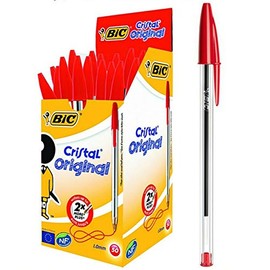 BIC Cristal ORIGINAL Medium Daily BALLPOINT PENS Biros 1.0 mm Everyday Essay Writing Home School Office Stationery Supplies Clear Barrel 4 Colours BLACK RED BLUE GREEN RGB Stick Pen (RED, 50 X PENS)