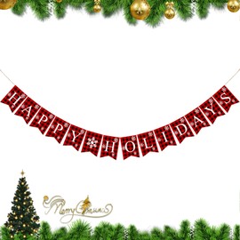 Plaid Happy Holidays Banner Cotton Burlap Christmas Rustic Bunting Banner for Christmas Hanging Decorations