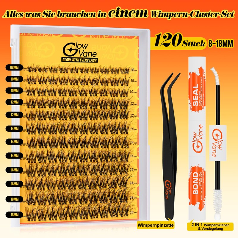 GlowVane Volumen Cluster-Lashes D Curl, Lash-Cluster, Wimpern-Extensions Einfach zu Hause,Wiederverwendbare