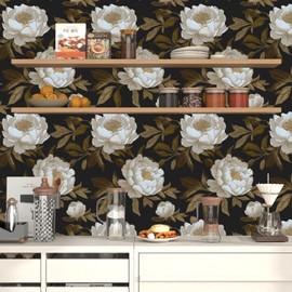 Laatse Peony Floral Wallpaper Peel and Stick Gold Leaf Contact Paper Modern Floral Wallpaper Self Adhesive Waterproof Boho Botanical Wall Paper for Room Shelves Cabinet Drawer Table Decor 17.5"x118"