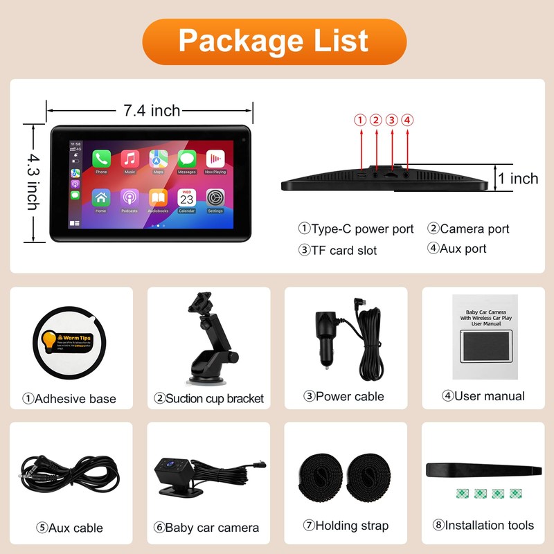 Baby Car Camera with 7" Wireless CarPlay Screen -Supports Apple