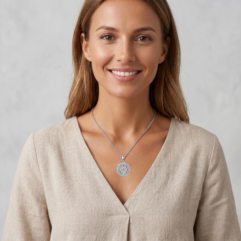 LUANIOL Metatron Cube Necklace 18k White Gold Plated Crystal Chakra