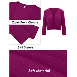 Moodclo Women's 3/4 Sleeve Lightweight Open Front Cardigan Magenta Medium V-Neck Knit Cropped Bolero Shrug Sweater for Women Elegant Dresses Cover Up