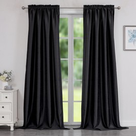 Chyhomenyc Uptown Black Faux Silk Curtains 96 Inch Length 2 Panels for Bedroom, Shiny Luxury Room Darkening Slub Textured Soft Fabric Rod Pocket Window Drapes, Each 40x96 Inches, 8 FT