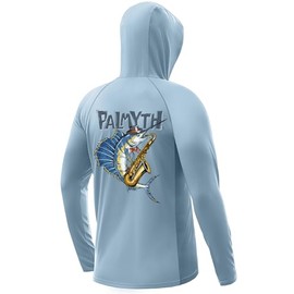 Palmyth Fishing Hoodie for Men Long Sleeve Sun Protection UV UPF 50+ Shirts（Light Blue/Sailfish Saxophone，XL）