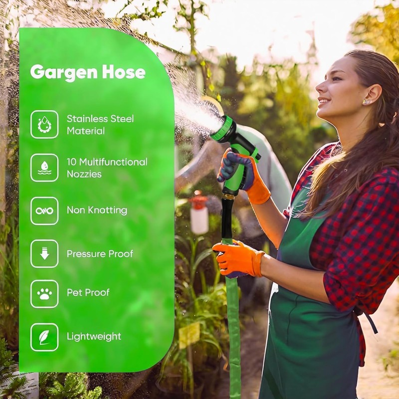 Gartenschlauch, 15 m, 10 Multifunktionsdüsen, verhedderungsfrei, flexibel, robust, grün