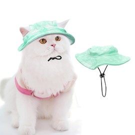 PETWIT Pet Hat with Ear Holes Sunscreen Cat/Dog Hats Adjustable String Pet Hats Sun Hat Bucket Hat Outdoor Sun Protection Pet Caps for Small Medium Cats Dogs (Light Green, Medium)