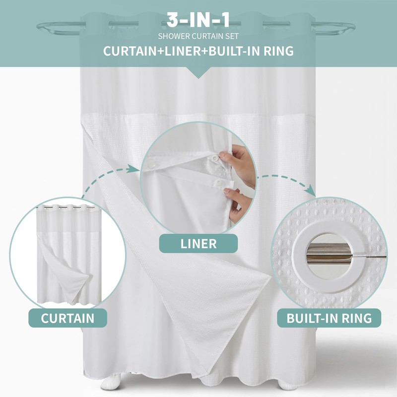 eachope White No Hook Waffle Weave Shower Curtain with snap-in