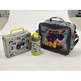 rockpapa 5 Compartment Bento Lunch Box for Kids with Uensils & Insulated Water Bottle & Lunch Bag with Strap, BPA-Free Lunch box Containers Set for School Boys Girls Ages 3+ (Grey Trucks)