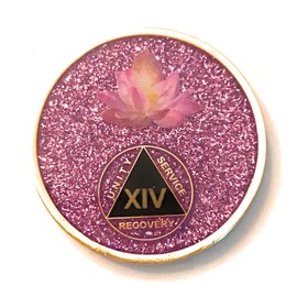 14 Year AA Medallion - The Lotus Purple Medallion Glitter, Bling, Alcoholics Anonymous 38mm, Chip, Token, Coin