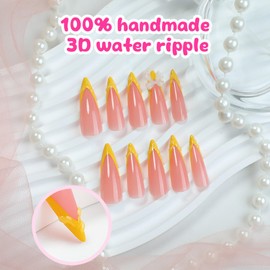 24 Pcs French Tips Press on Nails 3D Curve Line False Nails Tie Bow Gel Glue on Long Stiletto Nail Glossy Yellow Acrylic Fake Nail French Tips Stick on Fingernails for Coquette Women Girls
