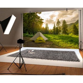 LFEEY 7x5ft Pine Forest Camping Backdrop for Photoshoot Sunrise Outdoor Travel Mountains Landscape Grassland Camp Tents Photography Backdrop Holiday Vacation Background Kids Birthday Photo Shoot Props