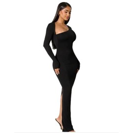 VANCOL Women's 2024 Fall Long Sleeve Slant Neck Slimming Back Split Fashion Dresses Midi Dress Black
