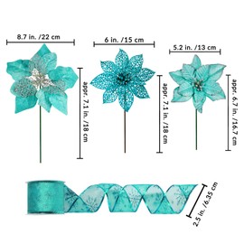 Winlyn 26 Set 3 Style Christmas Teal Glitter Poinsettia Flowers Picks Xmas Tree Ornaments and 2 Rolls 20 Yards Decorative Teal Glitter Wired Ribbon for Teal Christmas Tree Wreath Garland