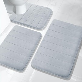 Yimobra 3 Pieces Memory Foam Bath Mat Sets, 31.5 x 19.8 + 17x24 and U-Shaped for Bathroom Rugs, Toilet Mats, Non-Slip, Soft Comfortable, Water Absorption, Machine Washable, Silver