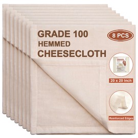 Cheese Cloths, 8 PCS Precut 20x20 Inch, Grade 100 Hemmed Cheesecloth for Straining Cooking, Fine Mesh Cloth Strainer Reusable, 100% Unbleached Cotton Muslin Cloth for Juicing Baking Cheese Making
