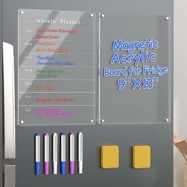 Voittozege Acrylic Calendar for Fridge, 2 Pack 9 x 13 inch Magnetic Weekly Calendar Fridge Clear Dry Erase Planning Boards Set with 6 Pcs Markers 2 Erasers, Menu Board for Kitchen