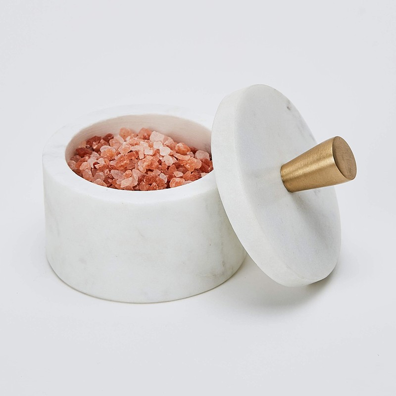 Queenza White Marble Salt Cellar with Lid and Brass Knob,