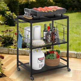 DAOUTIME Grill Cart for Outside, 3-Tier BBQ Food Prep Rolling Table Cart, with 23.62" Lx 15.75" W Rust-Resistant Tabletop, Outdoor Pizza Oven Table Ideal for Patio Backyard Kitchen Tools Room