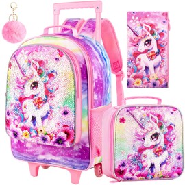 TXHVO 3Pcs Rolling Backpack for Girls, Kids Unicorn Roller Bookbag with Wheels, Sequin Wheeled Backpacks Set for Elementary Toddler(Pink)