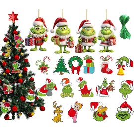 Pack of 29 Grin-ch Decorative Christmas Pendants, Grin-ch Christmas Decorations, with Elastic Cord 2D Acrylic Pendants, 2024 Merry Christmas Decorations for Christmas Tree Decorations, Holiday, Party