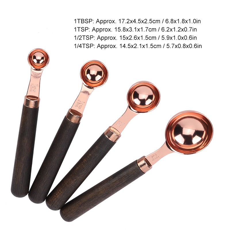 4Pcs/Set Stainless Steel Measuring Spoon Set Rose Gold with Wood