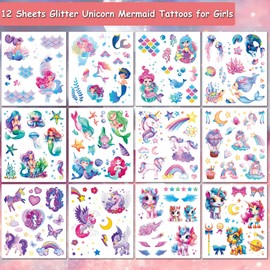 Hohamn Glitter Temporary Tattoos for Girls - 120+ Styles Mermaid Unicorn Fake Tattoos for Girls Kids Birthday Party Supplies Favors, Baby Shower