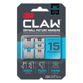 3M Claw 15 lb. Drywall Picture Hanger with Spot Markers, Heavyweight Hanging Solution for Room Decor and Office Decor, Including Mirrors or Large Art – 5 Pack