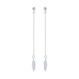 Boho Minimalist Long Thin Linear Beaded Ball Chain Feather Leaf Dangle Earrings Western Jewelry For Women Teens .925 Sterling Silver