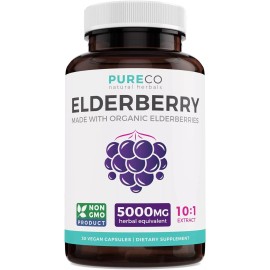 PureCo Organic Elderberry Capsules 10:1 Extract Equals 5,000mg Fresh Elder 30ct