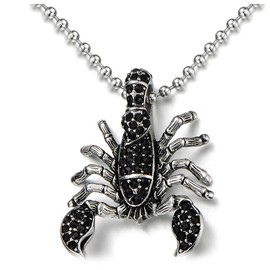 COOLSTEELANDBEYOND Mens Steel Scorpion Pendant Necklace with Black Cubic Zirconia Gothic Style with 23.6 in Ball Chain(CA)